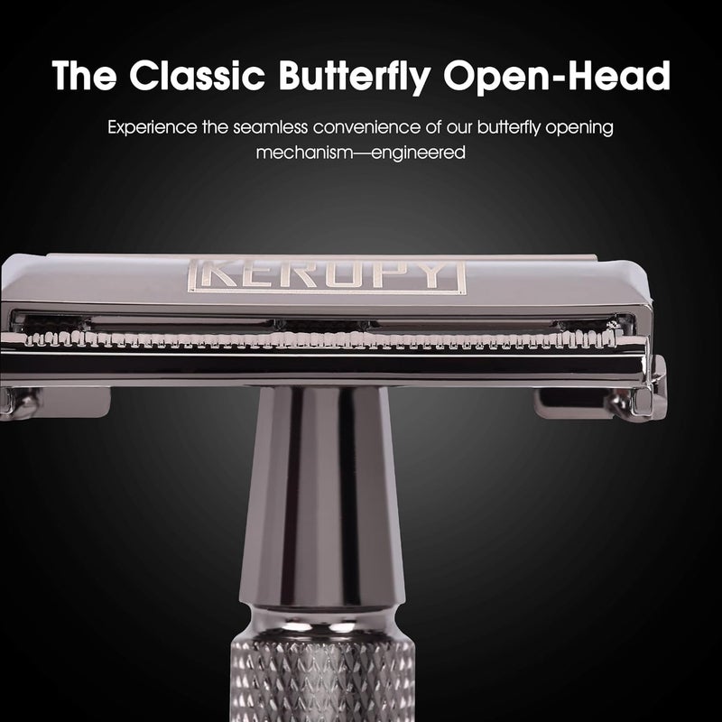 Keropy Double Edge Safety Razor for Men with 10 Blades, Butterfly Open Design for Close Shave - Eco-Friendly Metal Razor, Premium Gift for Dad, Husband - Modern Shaving Kit - Gloss Black - Image 4